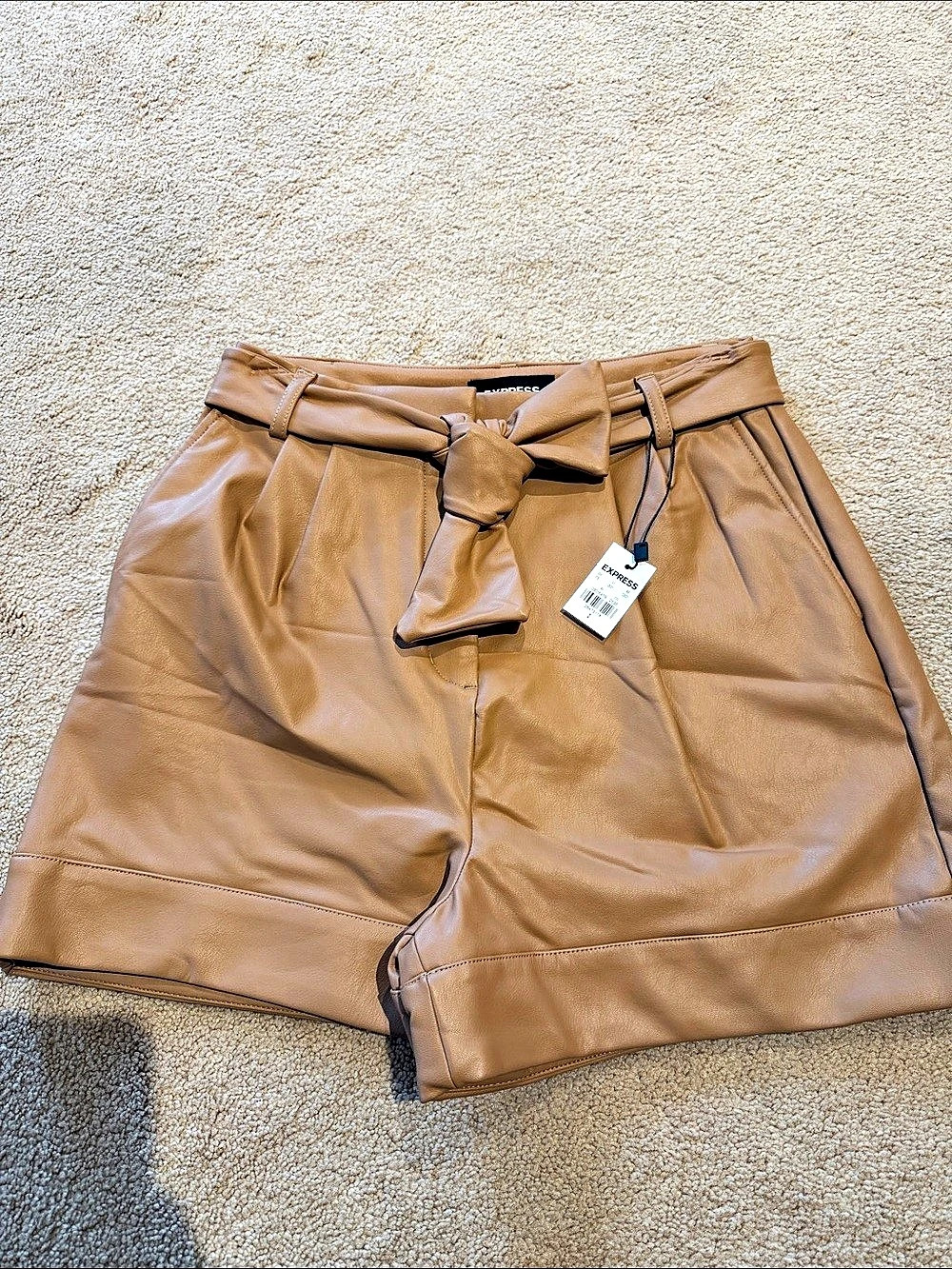 Express High Waisted Vegan Leather Tie Waist Shorts Brown